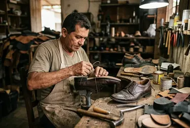 Profissional reformando sapatos sociais.
