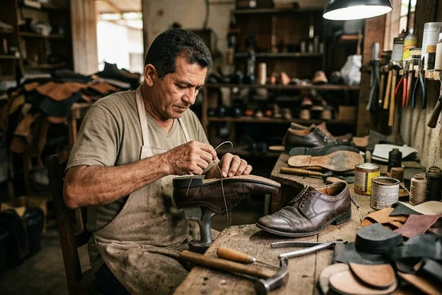 Profissional reformando sapatos sociais.