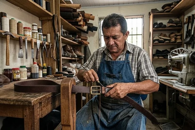 Sapateiro consertando um cinto de couro.