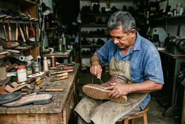 Profissional realizando a troca de solado de um sapato.