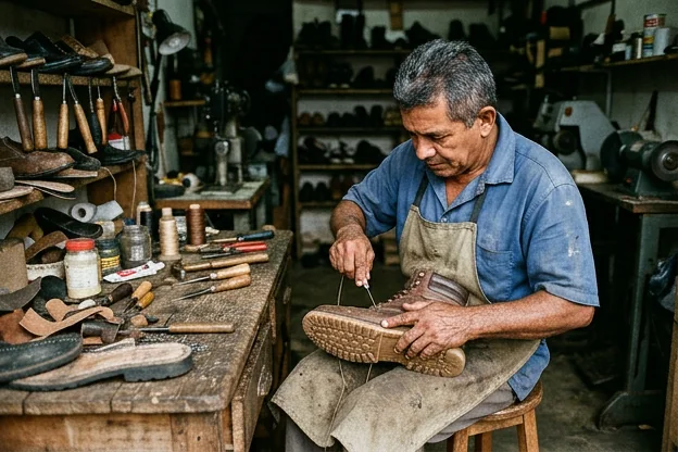 Profissional realizando a troca de solado de um sapato.