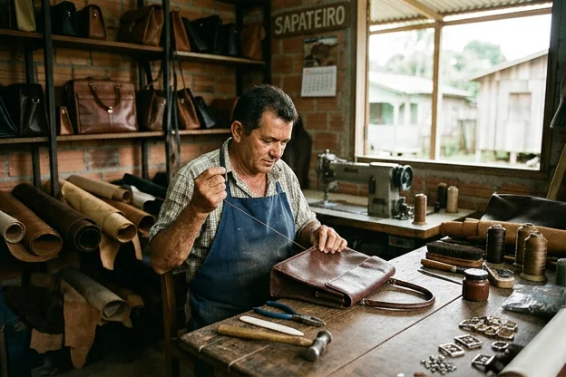 Sapateiro reformando uma bolsa de couro.