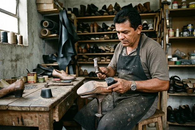 Sapateiro realizando a troca de salto de um sapato.