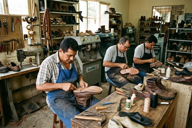 Equipe de sapateiros desmontando e reparando calçados.