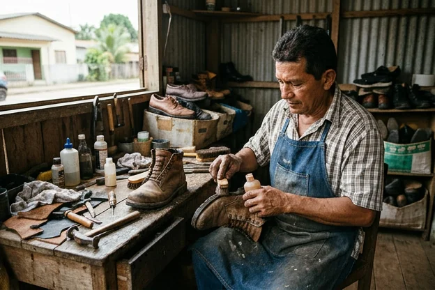 Profissional aplicando produto impermeabilizante em calçados.