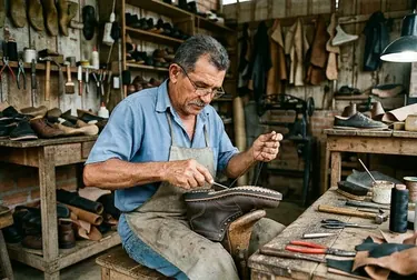 Sapateiro costurando um calçado.