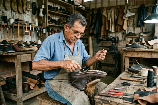 Sapateiro costurando um calçado.